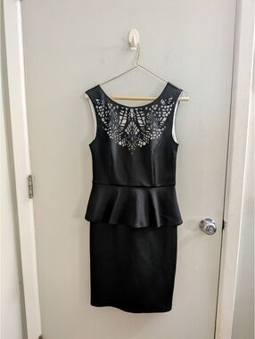 Spense Black Laser Cut Peplum Sheath Dress - Whimsigoth Goth Edgy Editorial LBD